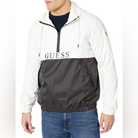GUESS Vintage Men's Popover Hooded Windbreaker Colorblock Black White Sporty L - Picture 1 of 13